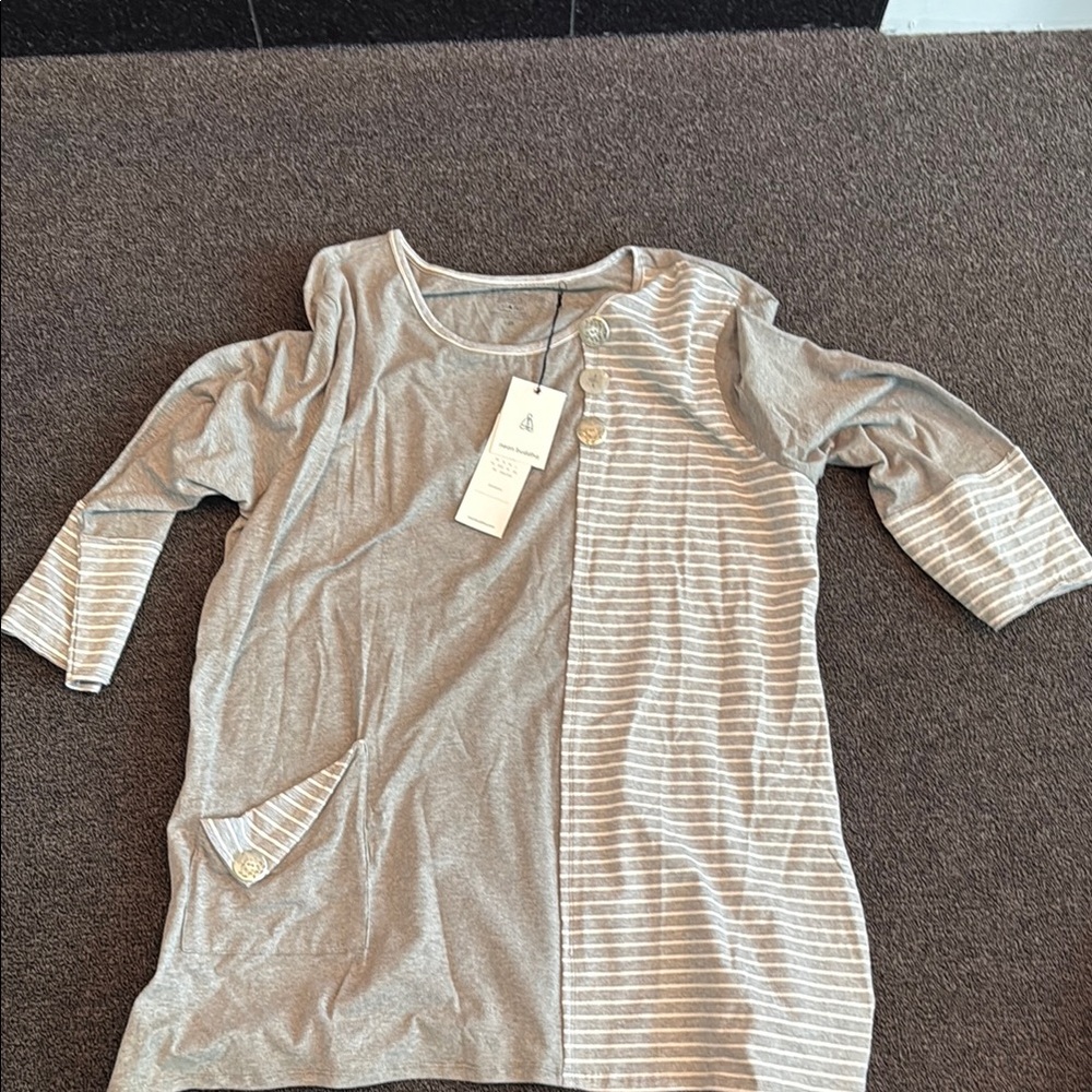 Neon Buddha Gray and White Striped Plus Size Tunic Top- Plus Size 2X